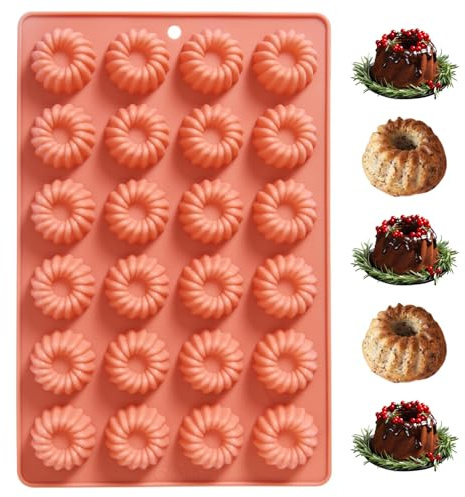 Fchil Mini moule à gâteau Bundt en silicone, 24 cavités antiadhésives cannelées pour pâtisserie, moule en silicone pour mousse, cupcakes, chocolat, gelée, pudding, dessert (30 x 19,3 x 1,8 cm), terre