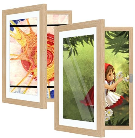 Kids Art Frame, Kids Artwork Display Frames Front Opening A4 Picture Frame for 150 Pictures, Changeable Children Photo Storage Frame Child Art Project Frames (2, Wood Color)