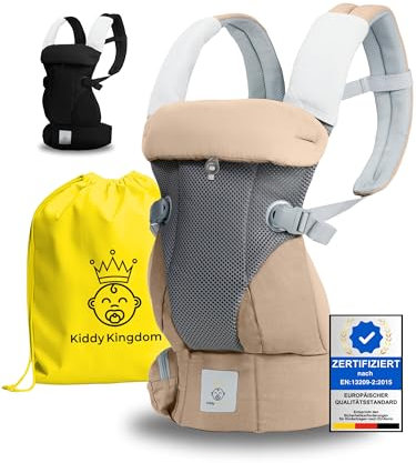 KIDDY KINGDOM Ergonomische Babytrage Neugeborene ab Geburt - 3 in 1 Multifunktionale Kindertrage von 0-36 Monaten - Baby Trage mit 3D SOFT MESH - Baumwolle - Baby Tragegurt - Baby Tragetasche - grau