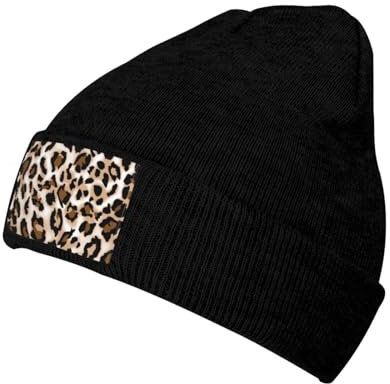 ESASAM Stylische Strickmütze mit Leopardenmuster – gemütliche und modische Wintermütze für Herren/Damen, Thermo-Wintermütze, lockere Strickmütze, faltbare Beanie, dehnbare Wintermütze, Schwarz ,