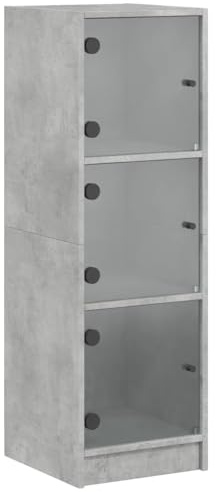 vidaXL Highboard with Glass Doors - Concrete Grey, Engineered Wood Storage Cupboard for Office/Living Room, 35x37x109 cm with Shelves