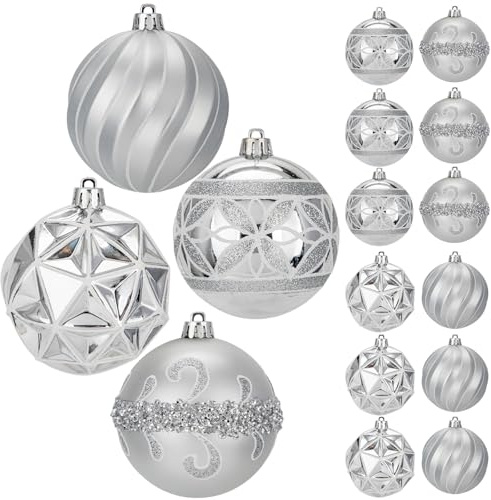 Hollyone 12PCS Silber Weihnachtskugeln Ornamente Set 8CM Glitzernde Christbaumkugeln für Weihnachtsdekorationen Handbemaltes Hängendes Weihnachtsschmuck für Weihnachtsbaum Urlaub Party