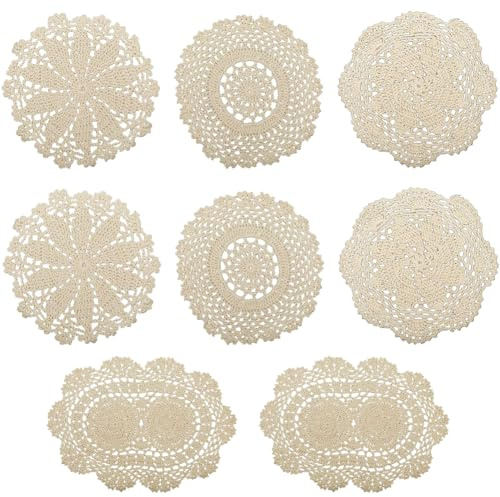GORGECRAFT 8Stk 4 Stile Baumwoll-Spitzendeckchen Gehäkelt Oval Rund Handgefertigt Blumentisch-Tischsets Vintage Kleine Gehäkelte Untersetzer Platzsets Hochzeit Tischdekoration Esszimmer Tasse Beige