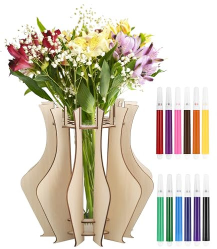 Huiguli Wooden Puzzle Vase for Lego Flowers Bouquet, With 12 Pcs Watercolour Pencils, 3D Flowers Vase for Crafting, Display for Roses Sunflowers Tulips Bouquet, DIY Arts and Crafts for Kids,Decoration