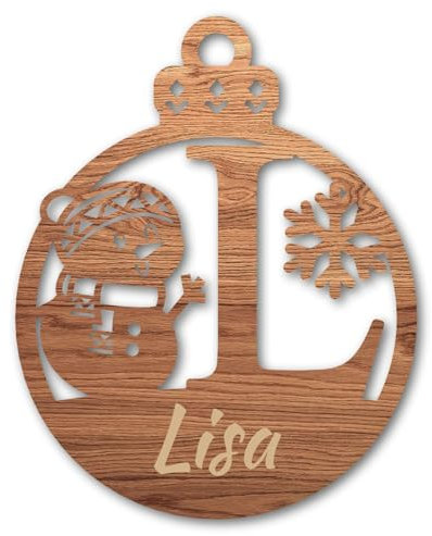 Urhome Weihnachtskugel personalisiert mit Wunschtext Gravur Buchstabe L mit Schneeman Motiv Dunkel Braun - Ornament Christbaumschmuck Weihnachtsdeko Weihnachtsbaum Anhänger aus 3mm Holz