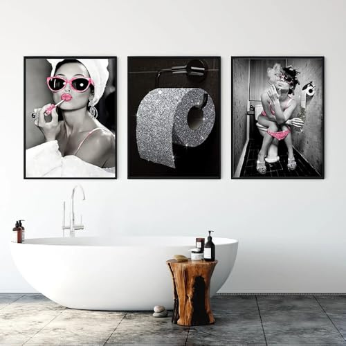 3 Bilder Frauen Modern Badezimmer Deko Schwarz Lustige Poster Toilette Witzige Bilder Gästebad Leinwand Bild Moderne Kunst Mode Frauen Wandbilder Bad Klo WC(YHH002-30x40)
