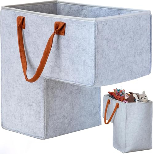 Cesta de escalera, cesta multifuncional de fieltro, cesta de transporte con asas de piel sintética, en forma de L, gran espacio de almacenamiento para ropa, juguetes y artículos para el hogar, ahorro