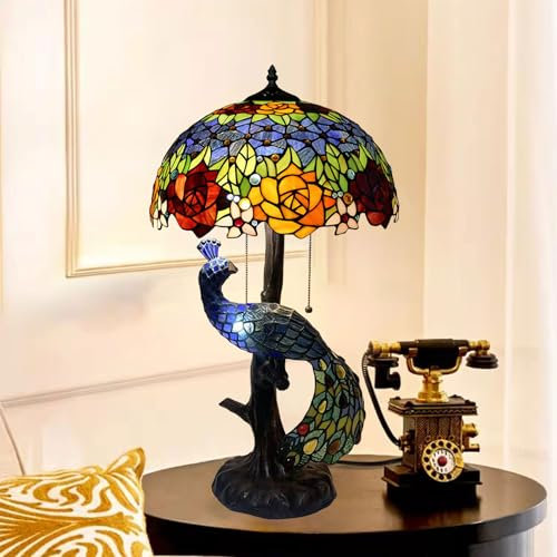 BOTOWI Tiffany Lampe Rot Gelb Rose Buntglas Lampen Pfau Schlafzimmer Nachttisch Lampe für Schlafsaal Büro Kunst Handwerk Antik Dekor Akzent Ästhetik Nachttisch Retro Metall Leselampen 16,Blau