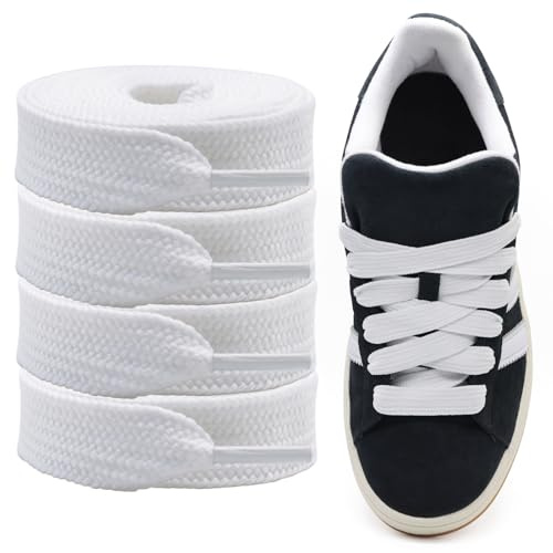 Shecret Fermacavi Spessi per Adidas Campus 00s, Confezione da 2 Paia Lacci Spessi Piatta e Larga da 15mm, Lacci di Ricambio per Scarpe da Ginnastica - Bianco