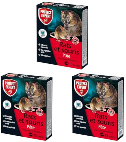 PROTECT EXPERT Anti Rats & Souris 150 g | Efficacité Maximale | 15 Pâtes | Lieux secs et humides | Agit dès la première Ingestion, Noir (Lot de 3)