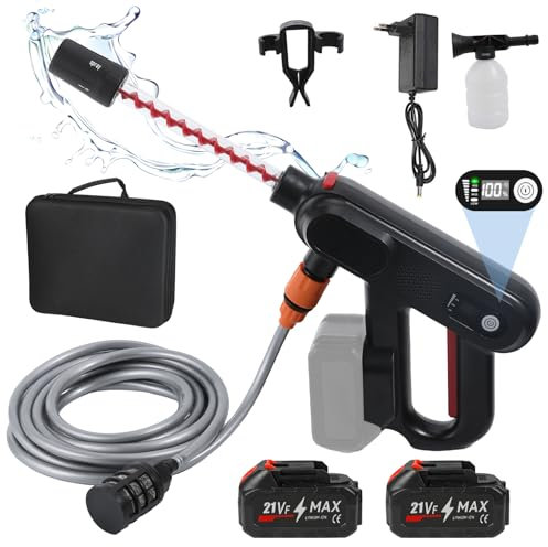 Nettoyeur haute pression sans fil - Maximum 80 bar - Portable - Avec 2 batteries de 4000 mAh - Affichage numérique - Nettoyeur haute pression sans balais - Pour voiture, sol, terrasse, fenêtre