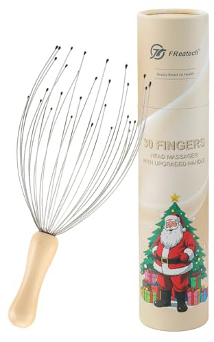 FREATECH Araña de Masaje Cabeza con 30 Dedos - Mango Madera Ergonómico, Masajeador Cabeza para Relajación Profunda y Alivio Estrés, Raspador de Cabeza para Estimular Cuero Cabelludo