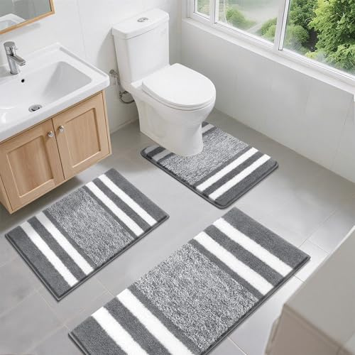 Pauwer, set di 3 tappetini da bagno antiscivolo e tappetino per wc, super assorbente, tappeti da bagno in microfibra morbida e peluche, lavabili in lavatrice, tappeti da doccia per il pavimento del