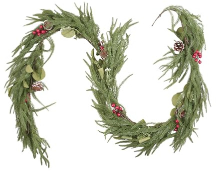 6FT Weihnachtsgirlande,PE Realistische Norfolk Girlande Für Mantel | Künstlicher Tannengirlande mit Tannenzapfen,Roten Beeren,Deko Für Weihnachten, Mantel,Treppen, Tisch, Innen & Außen