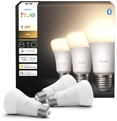 Philips Hue Ampoule LED connectée A60, Lumière blanche chaude 2700 K, Culot E27, 7 W, 810 lumens, Intensité variable, Compatible avec Alexa, Google Assistant et Apple Home, pack de 3