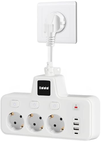 Steckdosenadapter 3fach, Mehrfachsteckdose mit USB, Steckdosenleiste 3-Fach mit 2 USB-A & 2 Typ-C, Mehrfachstecker für Büro, Zuhause, Reisen
