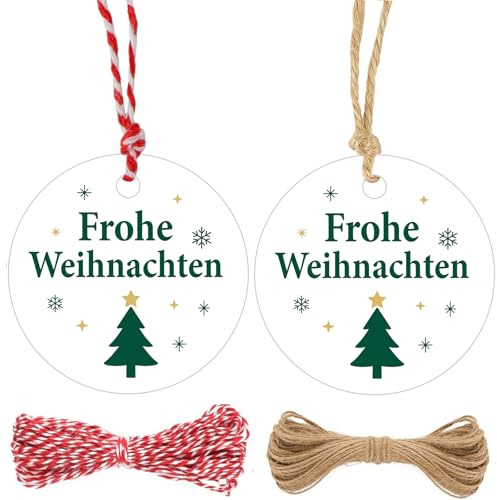 G2PLUS Rund Frohe Weihnachten Geschenkanhänger: 100 Stk Weiß Weihnachten Anhänger mit Tannenbaum, 5.5CM Dekorativ Etiketten mit Schnur für Geschenk, Weihnachtsbaum Deko