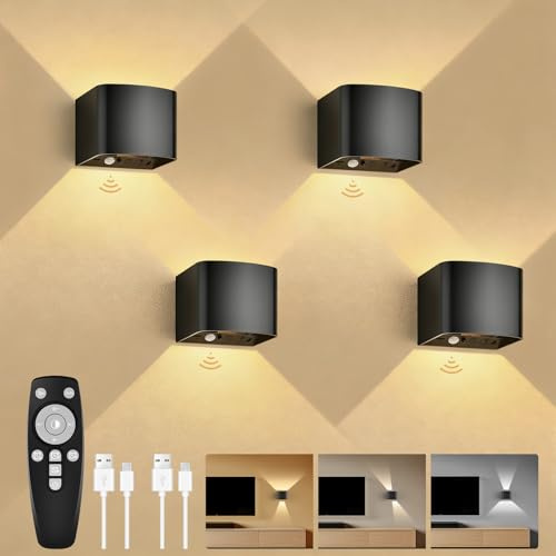 GeyouLux 5000mAh Akku Wandleuchte Innen mit Bewegungsmelder & Fernbedienung | Wandlampe Einstellbar Abstrahlwinkel, 3 Modi 2700K-6500K Dimmbar Timer LED Aufladbare Wandleuchte für Treppe Flur 4 Stück