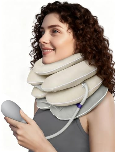 KOSLEOW Nackenstrecker Aufblasbar, Orthopädische Halskrause mit 3+1 Kinnstütze & Dekompression, Zervikales Traktionsgerät gegen Nackenschmerzen, Nackenstütze, Nackenrolle, Atmungsaktives Material