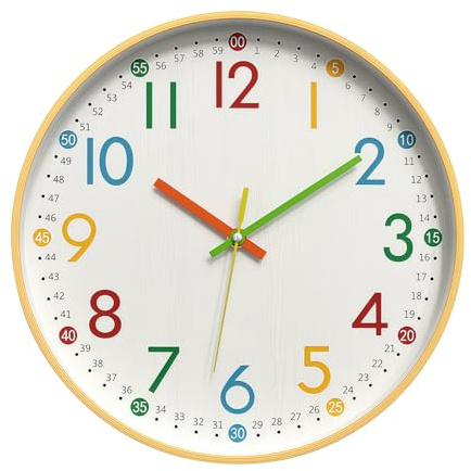 MEGYAD Horloge murale pour enfants sans bruit de tic-tac : 30 cm Horloge murale silencieuse pour chambre d'enfant Chiffres multicolores Horloge murale pour enfants pour l'école, la chambre à coucher
