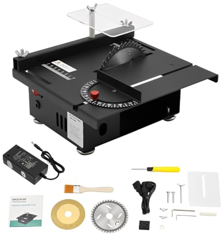 Mini sierra circular de mesa, 200 W, mesa pequeña multifuncional, 10000 rpm, 7 velocidades de rotación ajustable, ajuste de ángulo de 0 a 90°, profundidad de corte de 33 mm para corte de bricolaje
