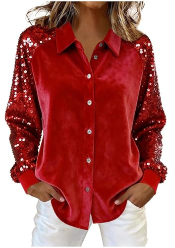 UHouse Glitzer Bluse Damen Pailletten Hemd Langarm Silvester Party Outfit Festival Hemdbluse Festliche Blusen Zur Hochzeit Karneval Glitzerbluse 80er Jahre Kleidung Silber Glitzeroberteil Rot XL