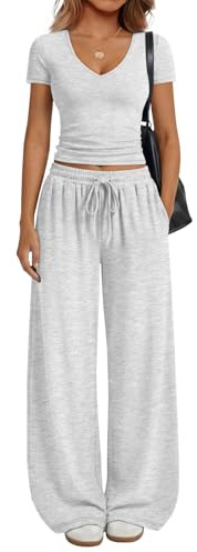Trendy Queen 2 Piece Lounge Sets for Women Summer 2026 Two Piece Matching Loungewear Sweat Sets Spring Fashion Travel Airport Outfits Sweatsuits Casual Cute Clothes Track Suits Oatmeal Grey M