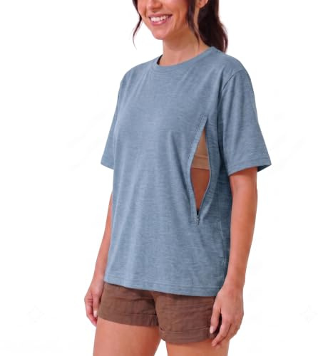 Soulmum amningströja med dragkedja – amnings t-shirt mammamode damer | Bekväm amnings skjorta med dold dragkedja – amnings tröjor damer av fin bambutröja – kortärmad mammaskjorta