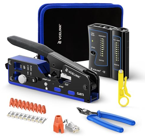 VCELINK Juego de herramientas de red, crimpadora RJ45 con 10 conectores RJ45 chapados en oro, Cat7 Pass Through, comprobador de red, alicates pelacables, instalación de red profesional, herramientas