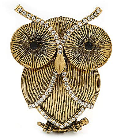 Broche vintage en forme de hibou texturé en cristal doré vieilli – 50 mm de haut, taille unique, Pierre précieuse, métal