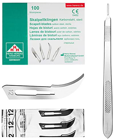 May Set: 100 Skalpellklingen Fig. 12 & Skalpellhalter 21 cm | 100x sterile Einwegklingen Fig. 12 aus Karbonstahl inkl. Edelstahl-Halter mit 21 cm Griff