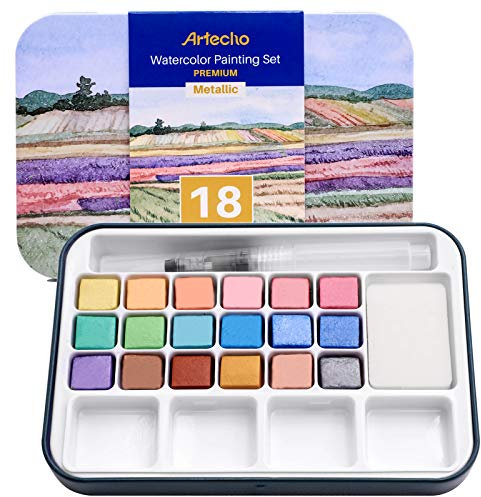 Artecho Aquarellfarben Set, 18 Metallic Farben Wasserfarben, Aquarell mit Wassertankpinsel, Tragbar Aquarell Malkasten, perfekt für Anfänger und Profis, das ideale Geschenk