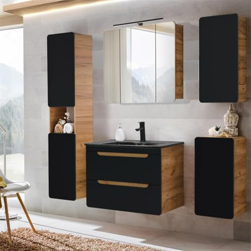 Lomadox Badmöbel Komplettset in seidenmatt anthrazit mit Wotan Eiche Nb., 81 cm Keramik-Waschtisch & LED-Spiegelschrank, B/H/T ca. 180/195/46 cm