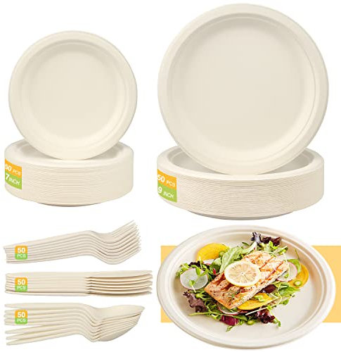 Huanmin 250 Pcs Set Carta & Posate, Piatti Biodegradabili/Compostabili Usa e Getta, Include 100 Piatti, 50 Forchette, 50 Coltelli e 50 Cucchiai, Perfetti per Picnic Barbecue