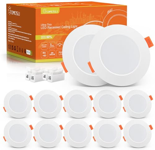 Tomosu Downlights for Ceiling Cool White 6000K, 5W LED Downlights Ceiling 450LM, AC 220-240V, Cut Ø75-90mm, Ultra Slim Recessed Ceiling Lights for Bathroom Spot Lights, Non Dimmable, 10 Pack