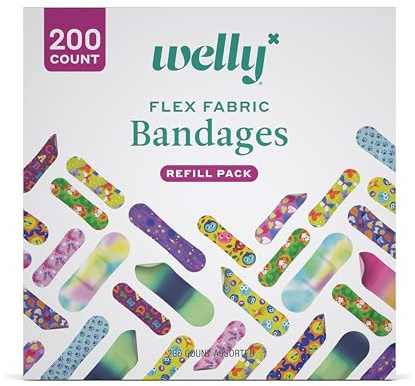 Welly Bandage Refill Ready Pack | Adhesive Flexible Fabric Bandages | Bulk Assorted Shapes and Patterns for Minor Cuts, Scrapes, and Wounds - 200 Count