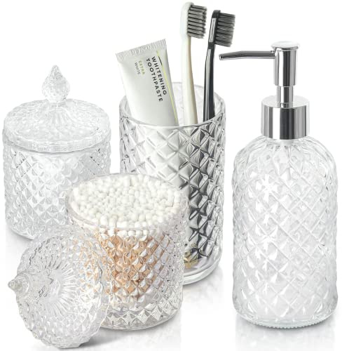 RYTOXILO Bathroom Accessories Set, 4 Pack Clear Glass Bath Accessory Sets Complete, Diamond Soap Dispenser and Toothbrush Holder Set for Bathroom Counter Organizer Essentials, Modern Bathroom Decor