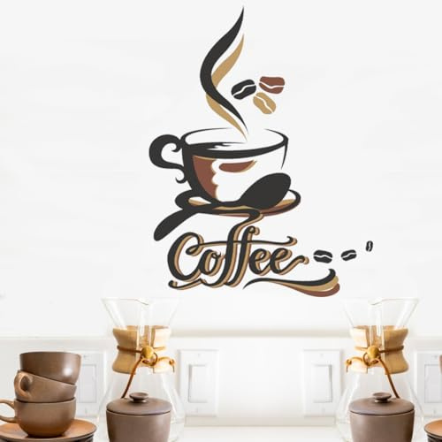 PLIGREAT Vintage Kaffeetasse Wandtattoo Brauner Wandaufkleber für Cafe, Küche, Esszimmer, Büro & Glastür - Abziehbarer Vinyl Wandsticker Kaffee Deko Kunst
