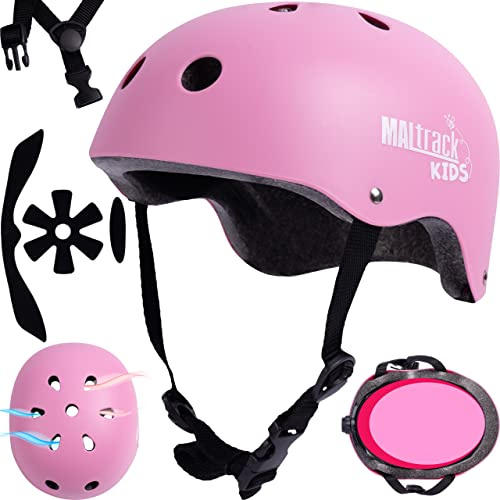 MalTrack Kinder Fahrradhelm | 51-54 cm (S) Verstellbar | Radhelm für Mädchen | Helm für Fahrräder, Motorroller und Skateboards | Rosa