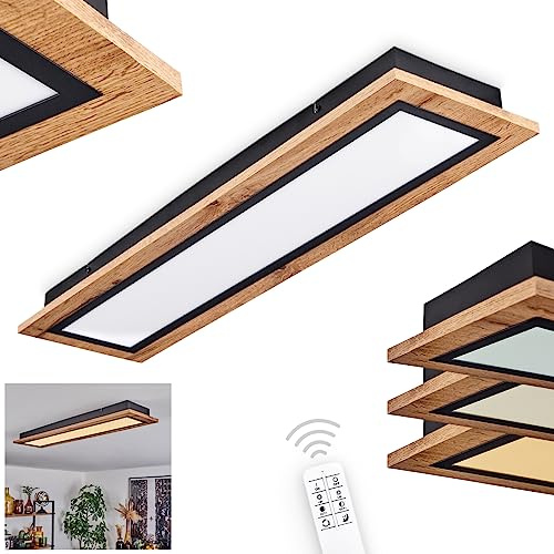 LED Deckenleuchte Salmi, dimmbare Deckenlampe aus Metall/MDF/Kunststoff in Schwarz/Holzoptik/Weiß, längliche Leuchte (80 cm x 20 cm), dimmbar über Fernbedienung, 3600 Lumen, 3000 Kelvin, LED 24 Watt