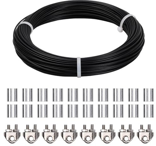 50m Filo in Acciaio Inox 3mm, Cavo Inossidabile Rivestito PVC 7x7 con 8 Morsetti Fune, 20 Manicotti Alluminio, Flessibile Sospensione Fune Metallica Giardino Appendere Stendibiancheria (Nero-2mm)