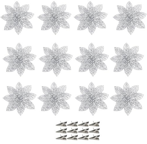 SECALIFE 12 Pieces Glitter Poinsettia Christmas Tree Ornament Christmas Glitter Flowers with Clips, Artificial Glitter Christmas Flowers Decor Ornament, 15CM /6 Inches (Silver)