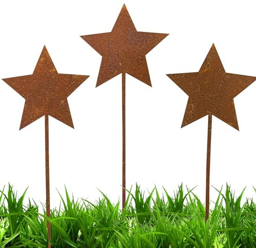 HXUING Rostige Sterne 3er Set, Gartenstecker Sterne aus Edelrost Metall Rost Gartenstecker Weihnachtlicher Stimmungsvoller Deko Stecker, Rost Deko Herbstdeko Sterndeko Outdoor (A)