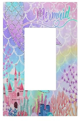 Silvery Glitter Cute Mermaid Tail Fantasy Castle 1 Gang Rocker Light Switch Covers Single Decora Outlet Wall Plate Decorative Switchplate Faceplate GFCI for Kidroom Nursery Bedroom Kitchen Decor