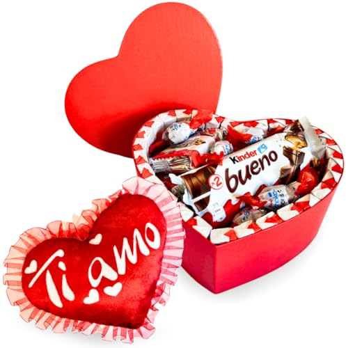 Idee Regalo San Valentino 2025 - Scatola Regalo a Cuore Rosso 20cm + Cioccolato Kinder + Cuscino a Cuore con Scritta - Regalo Uomo e Donna