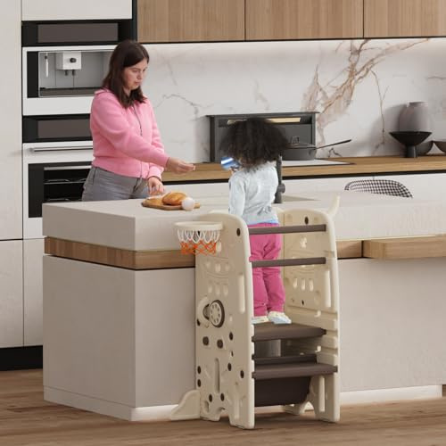 Gupamiga Lernturm für Kinder, Montessori Küchenhelfer, Learning Tower mit Kippschutz, 3 Stufen Höhenverstellbar (Braun) SST- 05