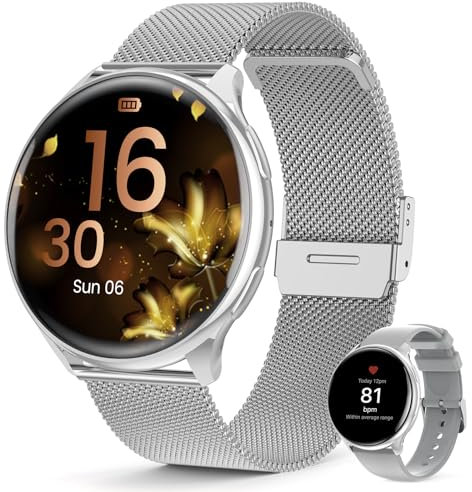 Loekneue Smartwatch Damen Rund mit Telefonfunktion 1,39'' HD Touchscreen Uhr mit IP68 /SpO2/Menstruationszyklus/Schlafmonitor/Wasserdichter/Schrittzähler/Fitness/für iOS Android Silber