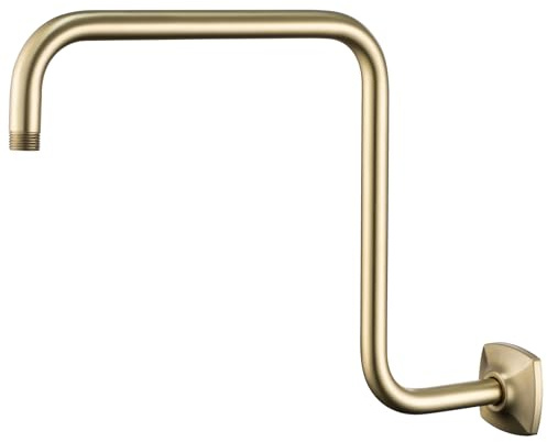 SWHYGER S Shape Shower Extension Arm with Flange, Stainless Steel High Rise Shower Head Extender Pipe, Horizontal Extension Standard 1/2 Connection- Bathroom Accessory, 16 Inch (Brushed Gold).
