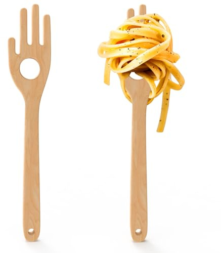 Haihomebest 12'' Birch Pasta Forks, 2-Pack - Hand Shaped Spaghetti Server with Measuring Hole for Perfect One-Serving Portion, Natural Wood Cooking Utensils for Pasta Salad, Long Handle Noodle Spoon