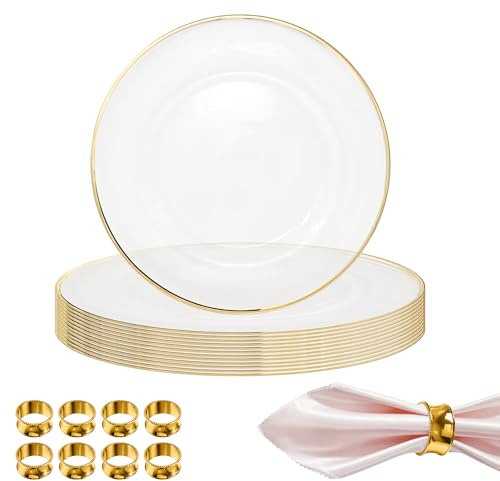 WedDecor 13 Inch Gold Trim Acrylic Charger Plates with Hammered Design Napkin Beaded Rings – Elegant Serveware for Weddings, Parties, and Table Decoration, Set of 24 | Presentation of Elegant Plates and Napkin Rings Set for Wedding, Thanksgiving , Dinner Party, Event and Table Decoration
